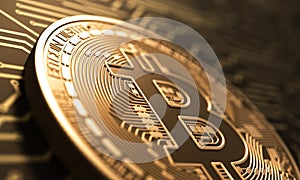 Virtual Coin Bitcoin On Background Of Printed Circuit Board photo