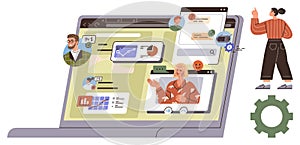 Virtual Collaboration on Laptop with Video Calls, Chat, and Data Analysis Interfaces