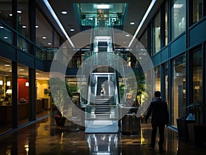 Virtual company briefings in interactive office elevator