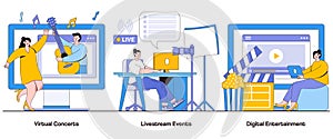 Virtual Concerts, Livestream Events, Digital Entertainment Concept with Character. Immersive Performances Abstract Vector