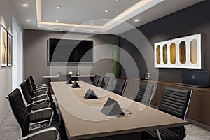 virtual conferenceroom with sleek and modern design, featuring advanced audio-visual equipment