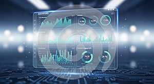 Virtual dashboard interface displaying various data analytics is