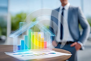 Virtual data visualization of business growth with holographic bar chart