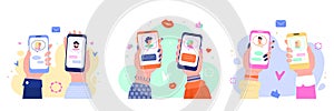 Virtual date concept set - couple hands holding phones with chat app