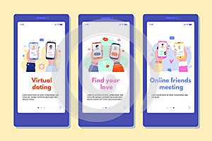 Virtual dating mobile app onboarding poster set on smartphone screen