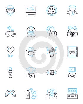 Virtual Design linear icons set. Rendering, Visualization, Modeling, Interactivity, Simulation, Animation, Prototyping