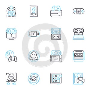 Virtual Design linear icons set. Rendering, Visualization, Modeling, Interactivity, Simulation, Animation, Prototyping