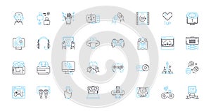 Virtual Design linear icons set. Rendering, Visualization, Modeling, Interactivity, Simulation, Animation, Prototyping