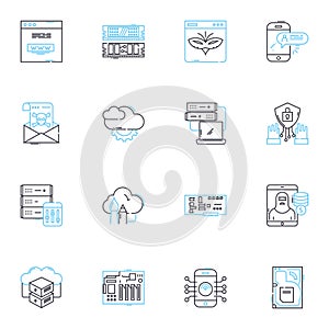 Virtual design linear icons set. Simulation, Visualization, Prototyping, Modelling, Rendering, D, Interactive line