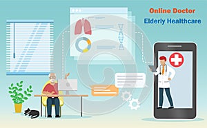 Virtual doctor, online medical consultation for senior patient. Elderly man at home online remote consult about health with doctor