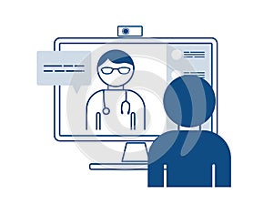 Virtual doctor visit, telemedicine healthcare concept,doctor giving advice over laptop computer screen to, medical worker on displ