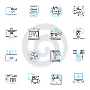 Virtual employee linear icons set. Telecommute, Remote, Digitally, Presence, Collaboration, Distance, Connectivity line