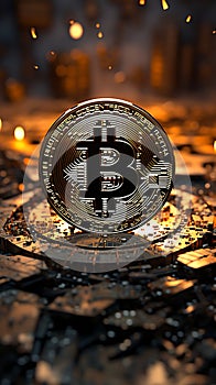 Virtual environment reveals a damaged Bitcoin coin, symbolizing the complex nature of value