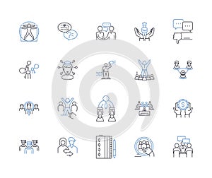 Virtual gathering line icons collection. Conference, Meetup, Webinar, Zoom, Gathering, Online, Collaboration vector and