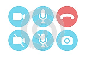 Virtual hangouts icons for conference call. Colored on and off video, sound, camera and call icons isolated on white