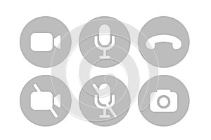 Virtual hangouts icons for conference call. On and off video, sound, camera and call icons isolated on white background
