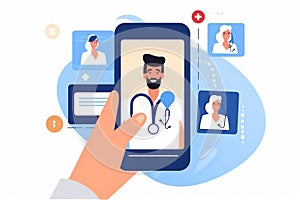 Virtual healthcare consultation by mobile device, smartphone in hand.Telemedicine e-health concept.