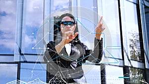 Virtual holographic interface and young woman wearing glasses