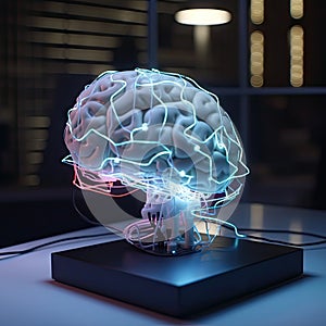 Virtual human brain with neon nerves floating under tale. Creativity innovation in thinking and knowledge abstract. AI