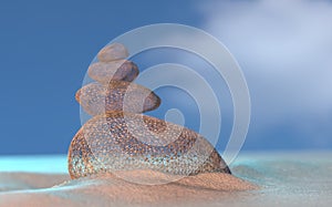 Virtual imagine wireframe stones balance on beach, sunrise 3d illustration