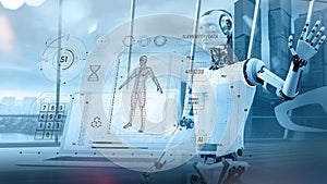 An artificial intelligence robot analyzes virtual panel data.