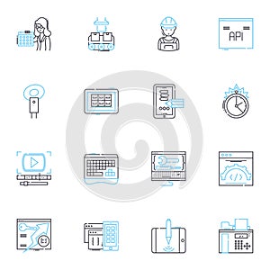 Virtual intelligence linear icons set. Automation, Machine learning, Robotics, Cybersecurity, Analytics, Efficiency