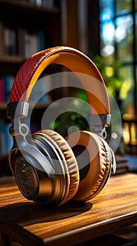 Virtual language learning, audiobooks concept, books and headphones on display