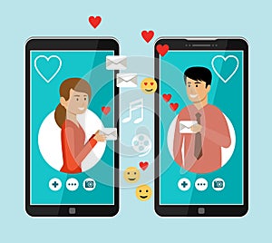 Virtual love. Online chat. Man and woman are texting in the messenger