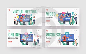 Virtual Meeting Landing Page Template Set. Tiny Businesspeople Characters Online Chat with Office Speaker on Pc Monitor
