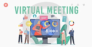 Virtual Meeting Landing Page Template. Tiny Businesspeople Characters Online Chat with Office Speaker on Huge Pc Monitor