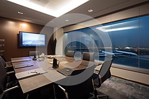 virtual meeting room, with view of busy airport terminal, for business traveler