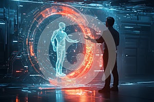 A virtual mentor or coach in the form of a glowing avatar teaching a businessman through a digital interface. photo
