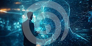A virtual mentor or coach in the form of a glowing avatar teaching a businessman through a digital interface. photo