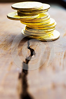Virtual money Bitcoin cryptocurrency - halvings the Bitcoin currency - gold coin on the wooden background with a symbolical halvin