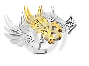 Virtual money sign with wings - bitcoin, ethereum, litecoin