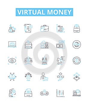 Virtual money vector line icons set. Cryptocurrency, E-money, Token, Crypto, Fiatcoin, Digitalcash, Paycoin illustration