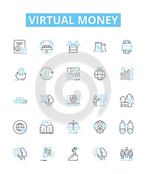 Virtual money vector line icons set. Cryptocurrency, E-money, Token, Crypto, Fiatcoin, Digitalcash, Paycoin illustration