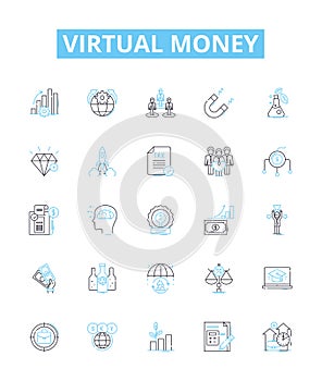 Virtual money vector line icons set. Cryptocurrency, E-money, Token, Crypto, Fiatcoin, Digitalcash, Paycoin illustration