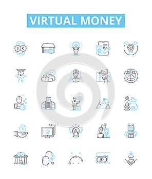 Virtual money vector line icons set. Cryptocurrency, E-money, Token, Crypto, Fiatcoin, Digitalcash, Paycoin illustration