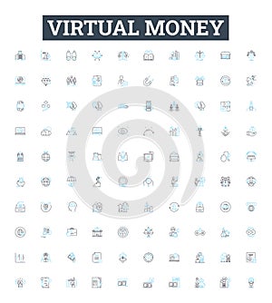 Virtual money vector line icons set. Cryptocurrency, E-money, Token, Crypto, Fiatcoin, Digitalcash, Paycoin illustration