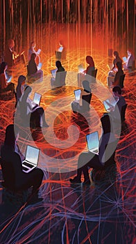 A virtual net of students sitting at their laptops communicating