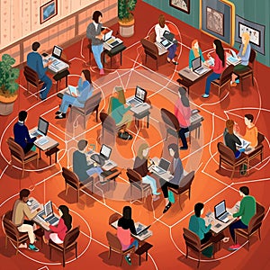 A virtual net of students sitting at their laptops communicating