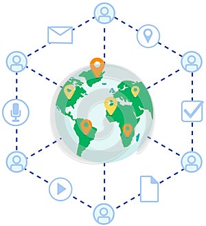 Virtual network symbols of internet. Worldwide connection global system for communication with users