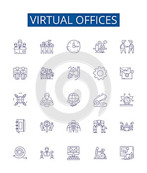 Virtual offices line icons signs set. Design collection of Virtual, Offices, Remote, Working, Home, Locations, Bridging