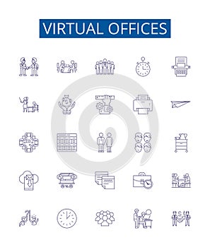 Virtual offices line icons signs set. Design collection of Virtual, Offices, Remote, Working, Home, Locations, Bridging