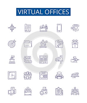 Virtual offices line icons signs set. Design collection of Virtual, Offices, Remote, Working, Home, Locations, Bridging