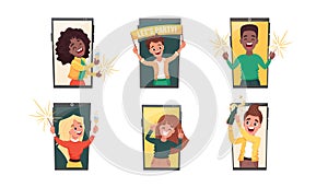 Virtual online party concept. Phones set with diverse people men and women at their home