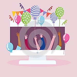virtual party, computer and people celebration event balloons