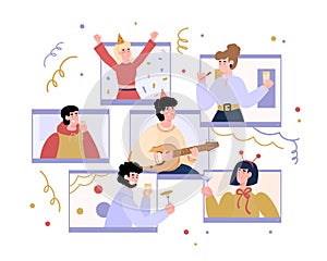 Virtual party - people socialising in network flat vector illustration isolated.