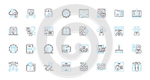 Virtual platform linear icons set. Virtuality, Cyberworld, Digitalization, Simulacrum, Cyberspace, Synthetic, Emulation